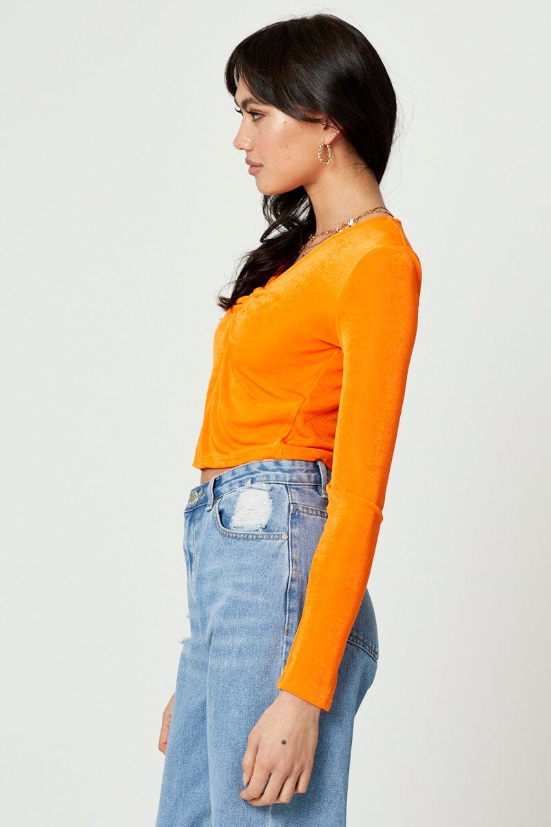 BANDEAU CROP Orange Slinky Jersey Long Sleeve Top for Women by Ally