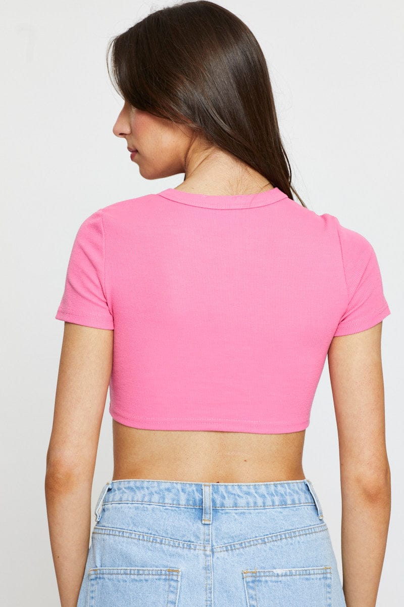 BANDEAU CROP Pink Rib Crop Top Short Sleeve for Women by Ally