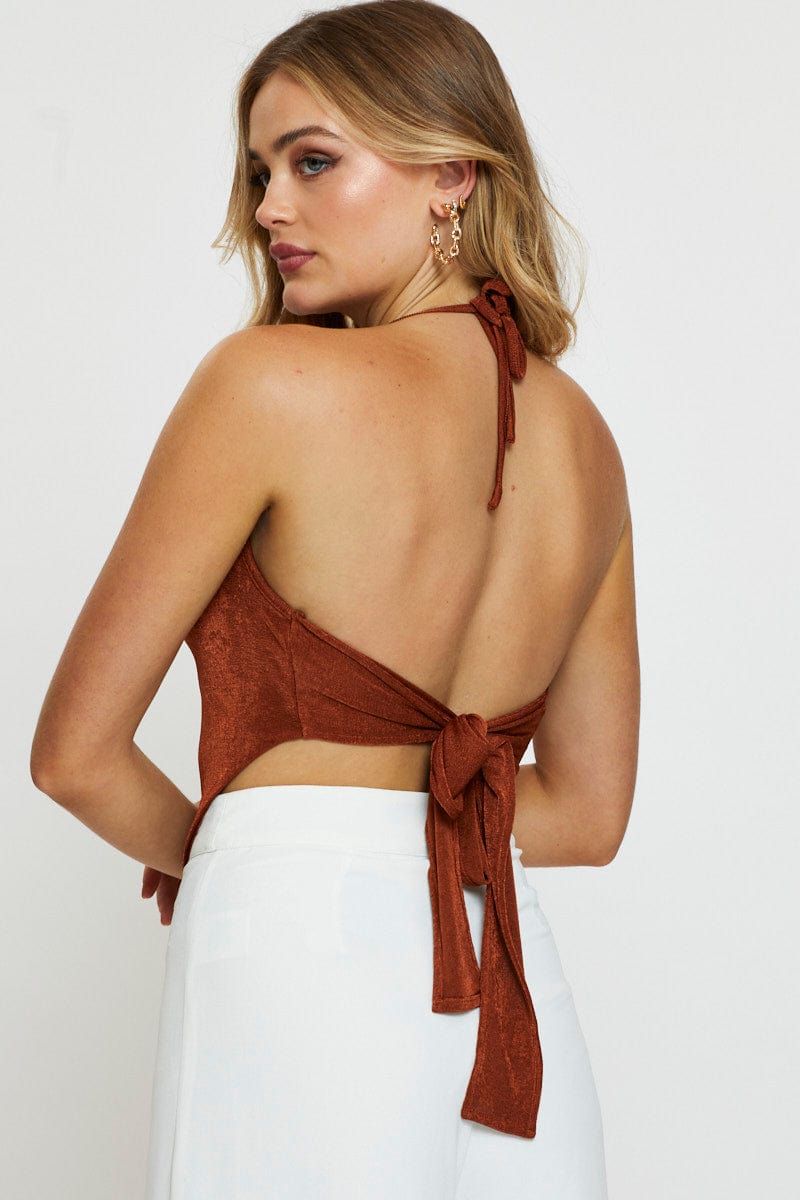 BANDEAU SEMI CROP Brown Crop Top Halter Neck for Women by Ally