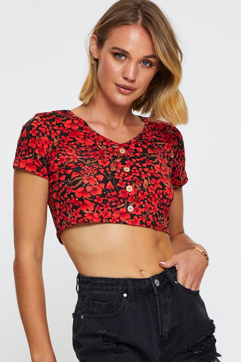 BANDEAU SEMI CROP Print Crop Top Short Sleeve for Women by Ally