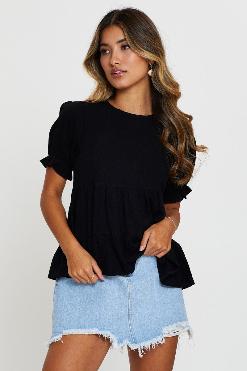 BARDOT Black Puff Sleeve Top Short Sleeve for Women by Ally