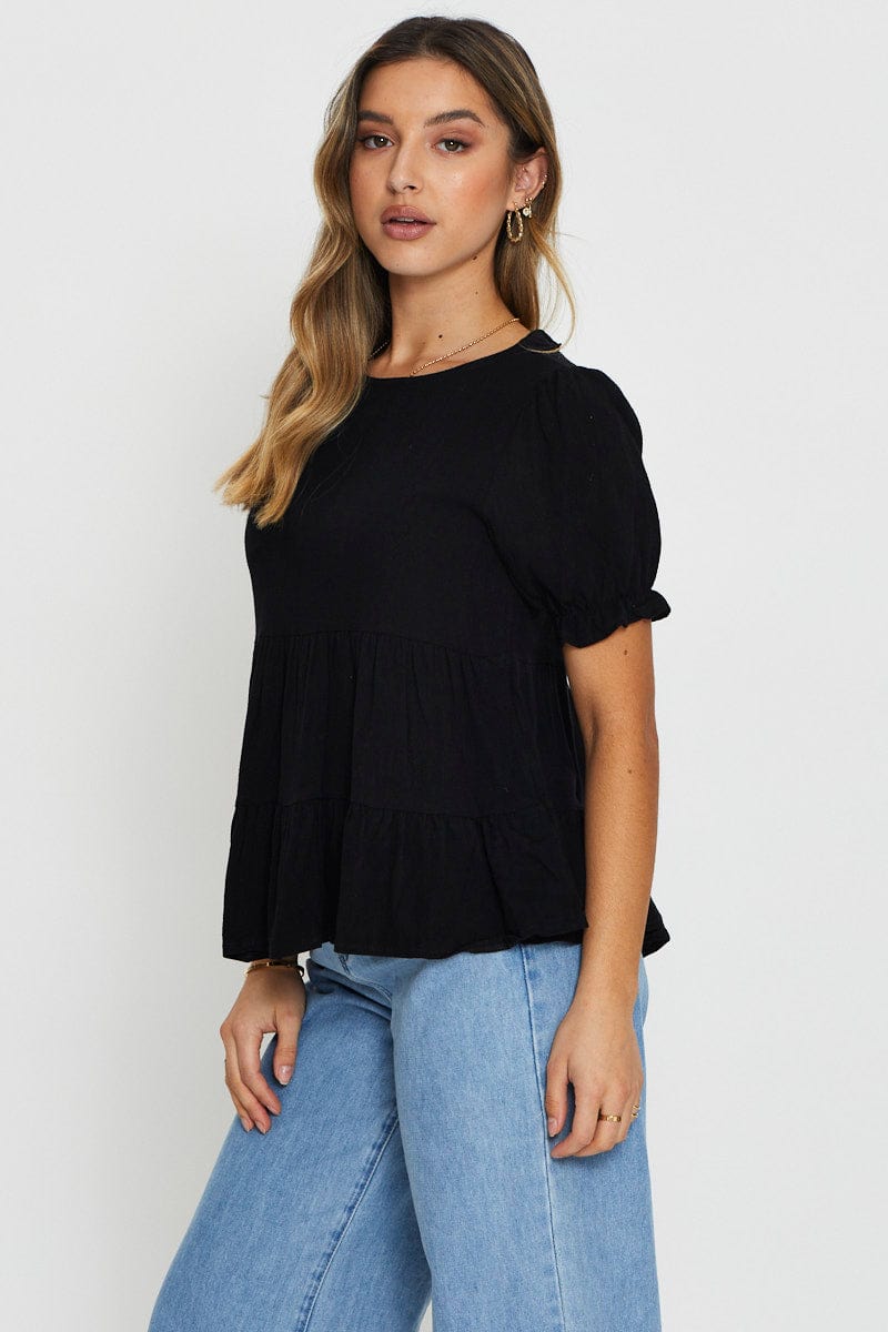 BARDOT Black Puff Sleeve Top Short Sleeve for Women by Ally