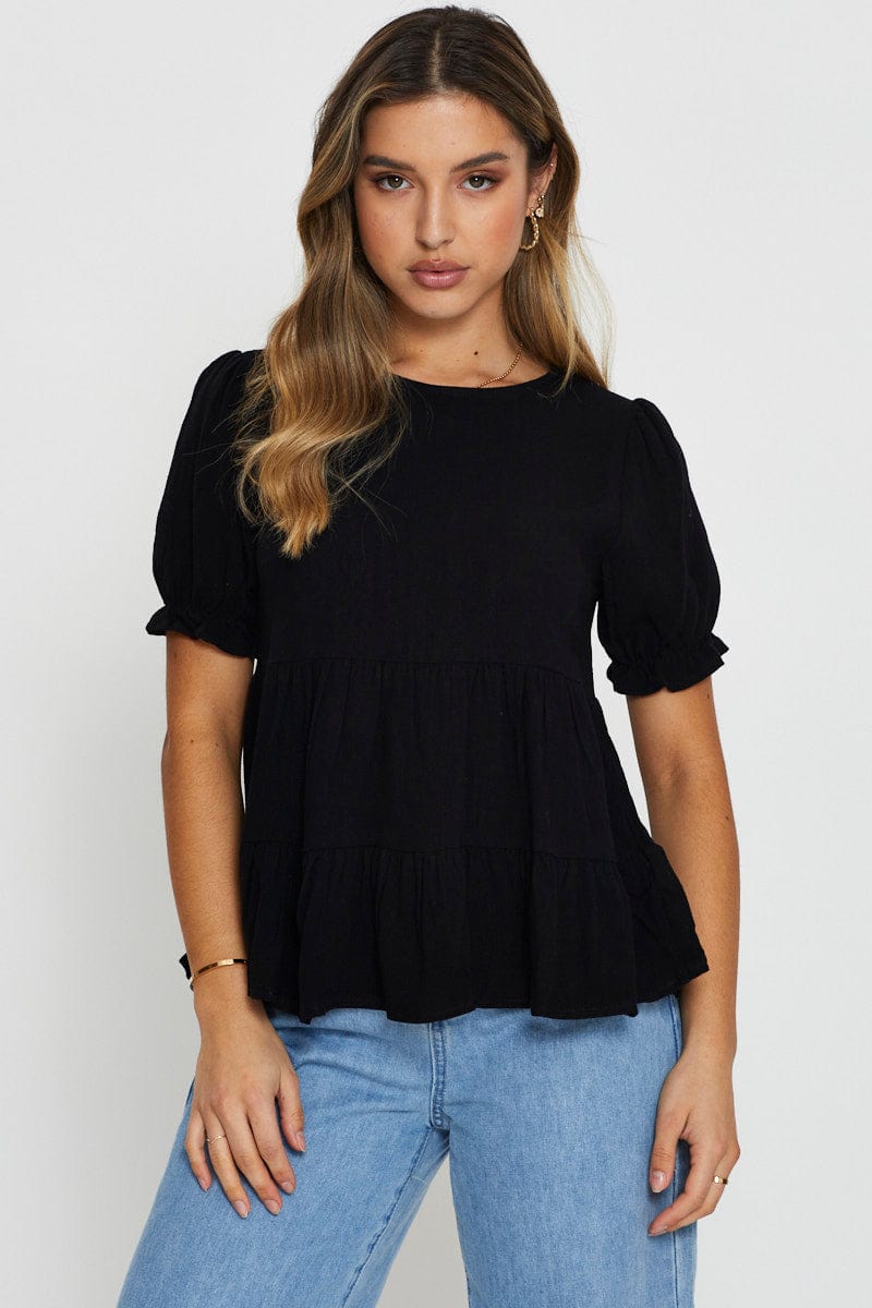BARDOT Black Puff Sleeve Top Short Sleeve for Women by Ally