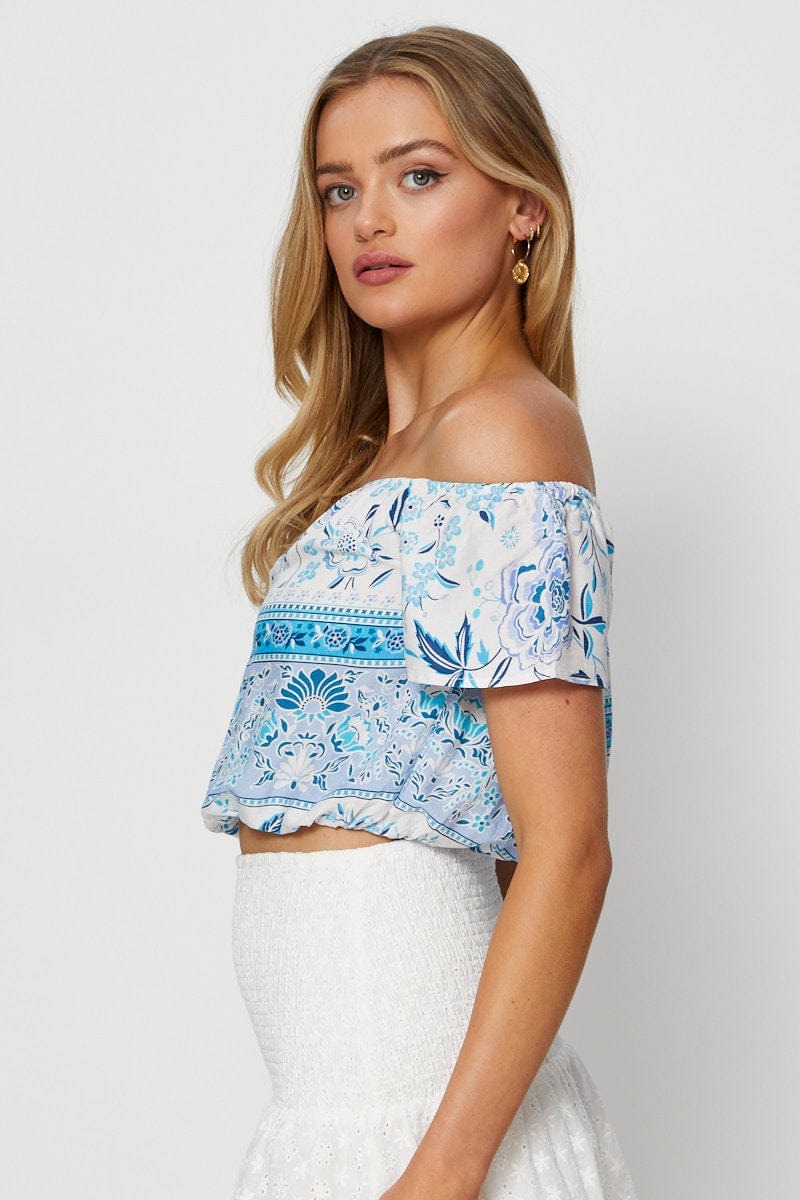 BARDOT Boho Print Wrap Top Off Shoulder Tie Up Crop for Women by Ally