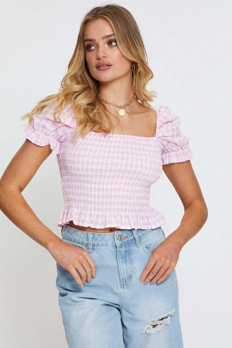 BARDOT Check Crop T Shirt Short Sleeve Square Neck for Women by Ally