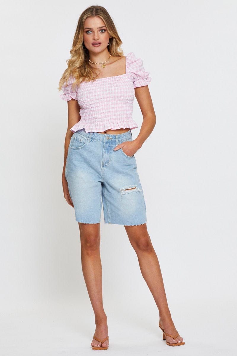 BARDOT Check Crop T Shirt Short Sleeve Square Neck for Women by Ally