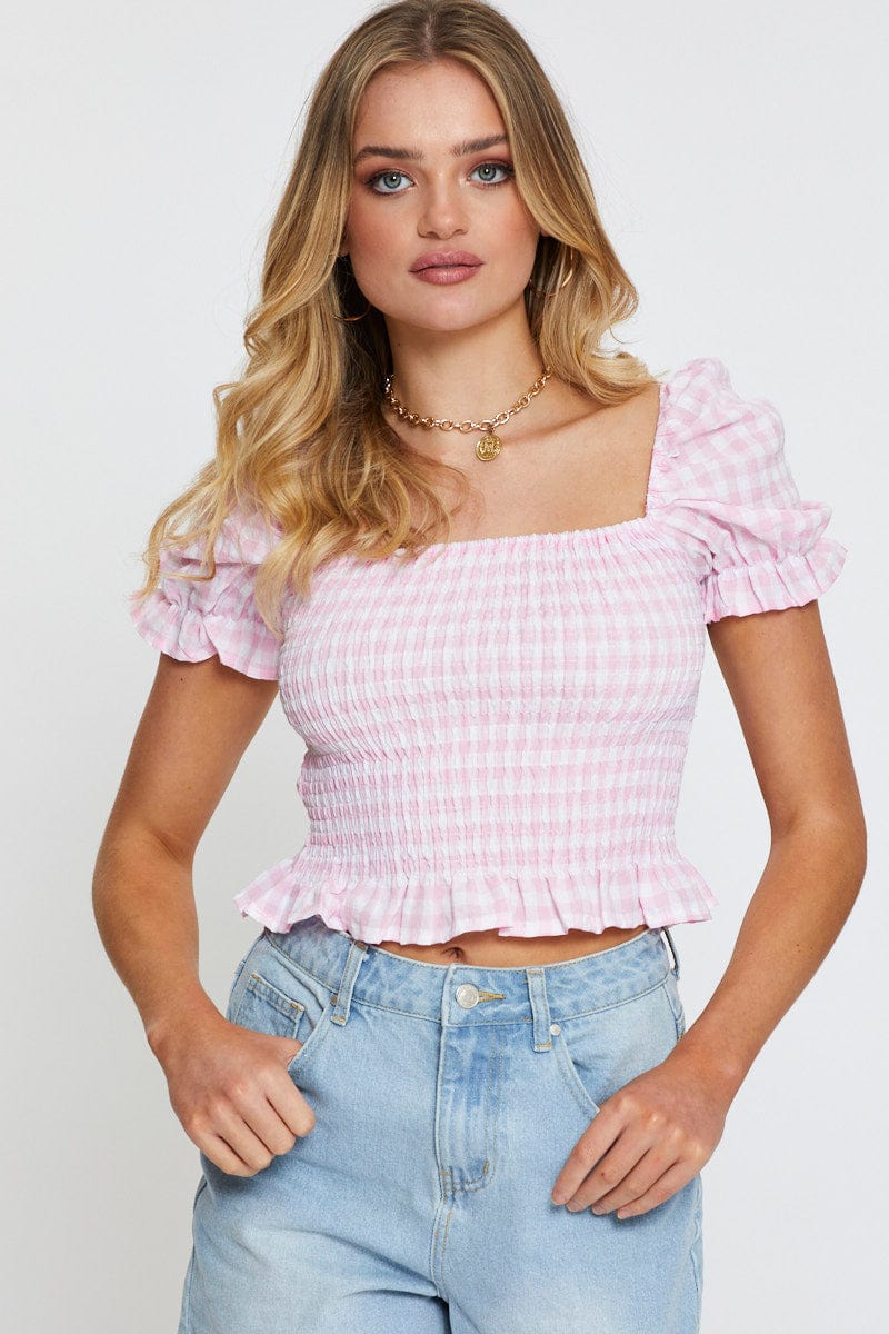 BARDOT Check Crop T Shirt Short Sleeve Square Neck for Women by Ally