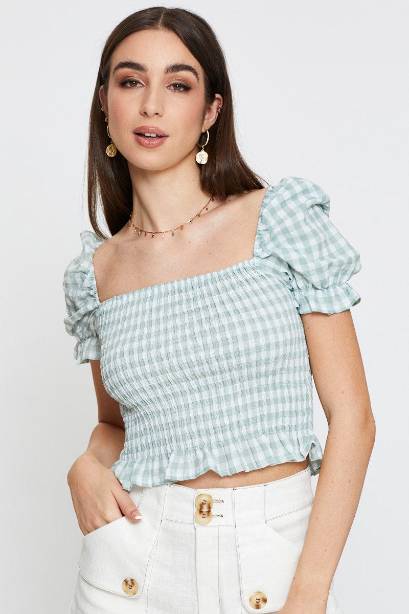 BARDOT Check Crop T Shirt Short Sleeve Square Neck for Women by Ally