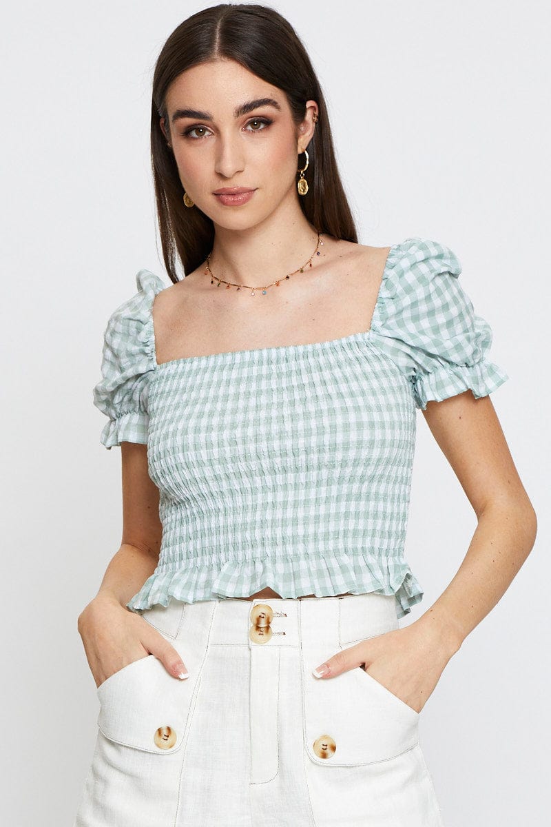 BARDOT Check Crop T Shirt Short Sleeve Square Neck for Women by Ally