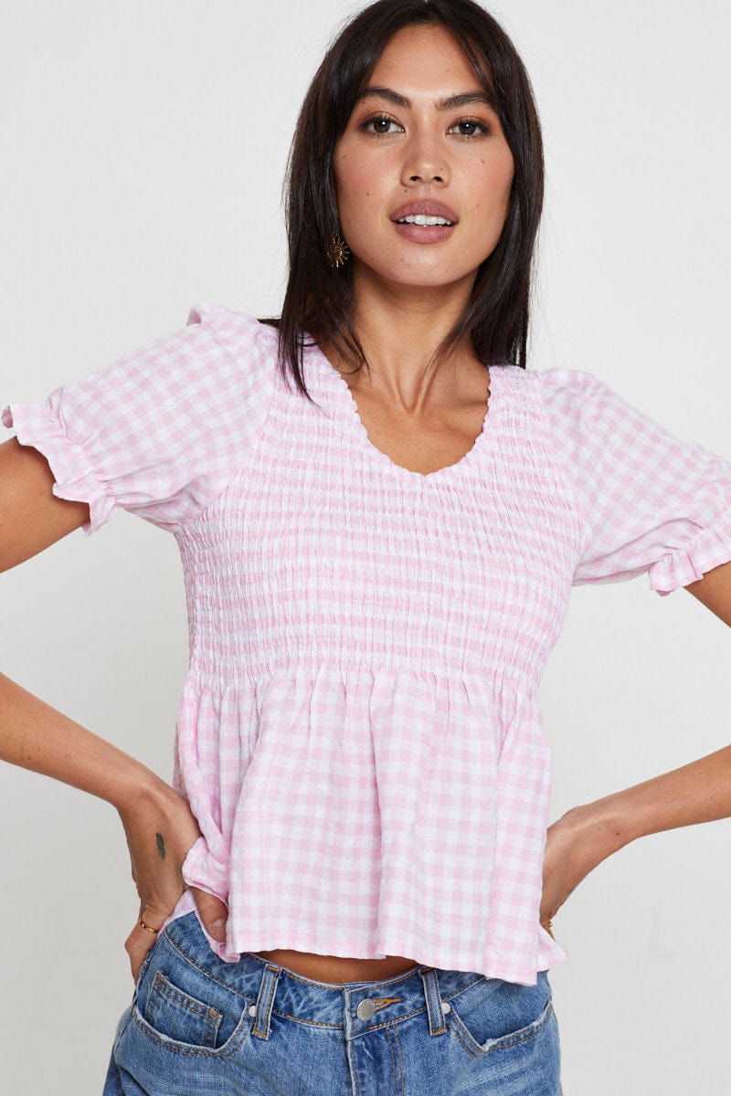 BARDOT Check Puff Sleeve Top Short Sleeve for Women by Ally