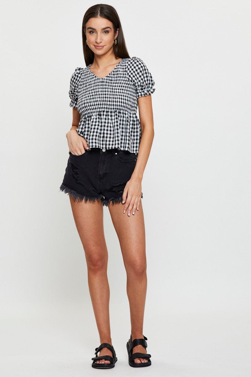 BARDOT Check Puff Sleeve Top Short Sleeve for Women by Ally