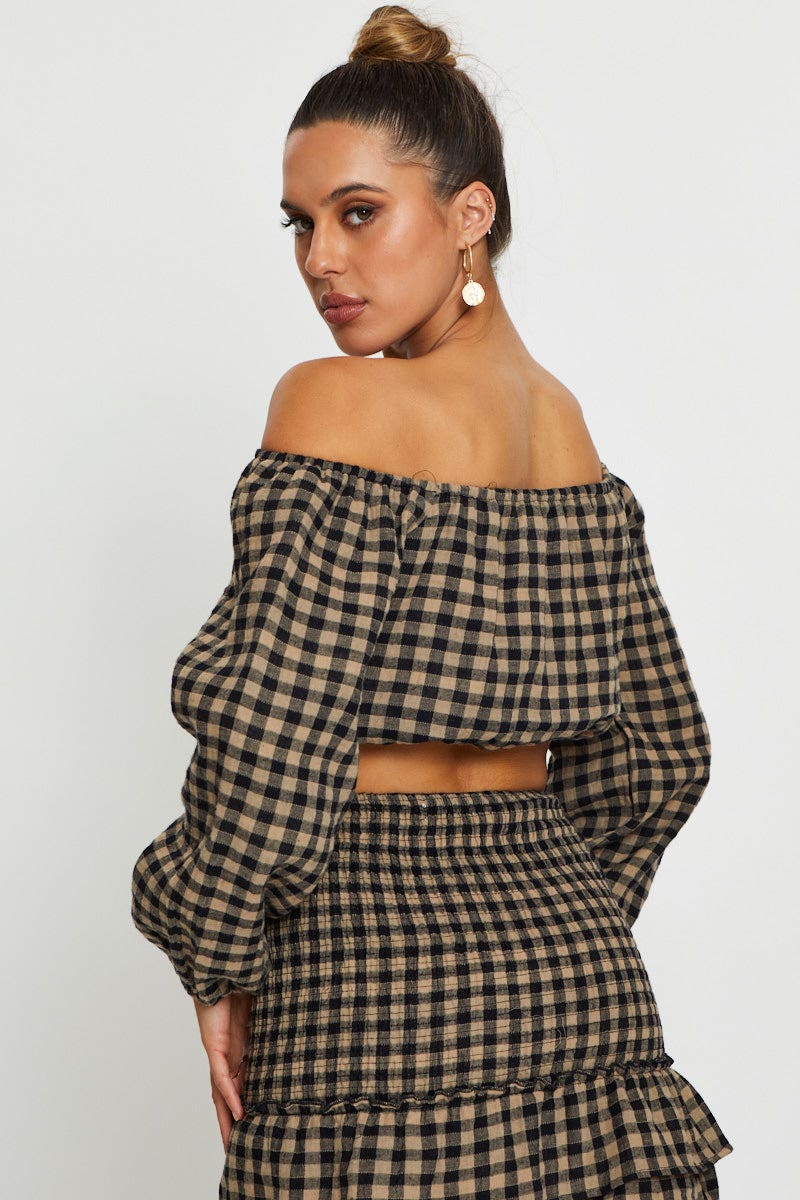 BARDOT Check Top Long Sleeve Crop Off Shoulder for Women by Ally