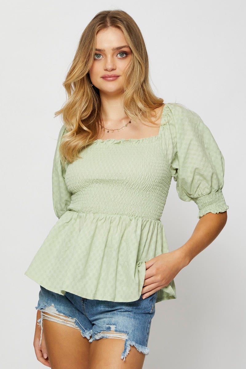 BARDOT Green Peplum Top Short Sleeve Round Neck for Women by Ally