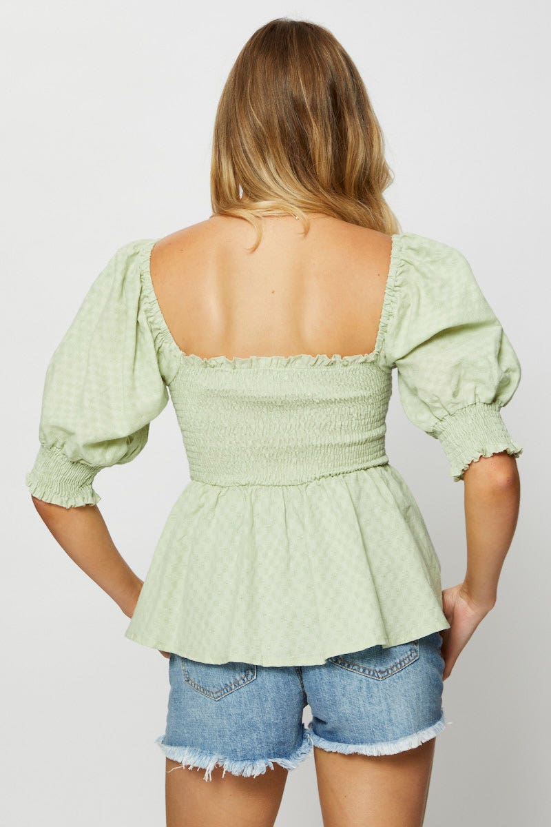 BARDOT Green Peplum Top Short Sleeve Round Neck for Women by Ally