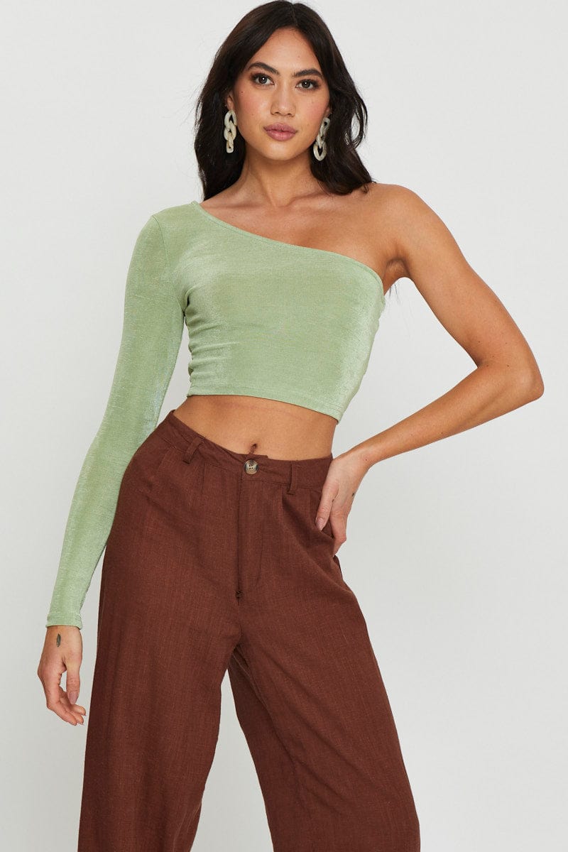 BARDOT Green Slinky Top One Shoulder for Women by Ally