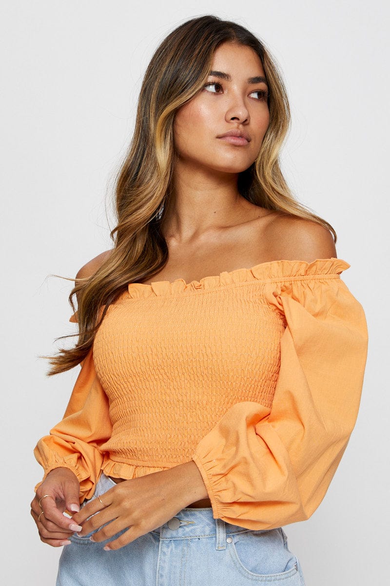 BARDOT Orange Shirred Top Three-Quarter Crop Linen for Women by Ally