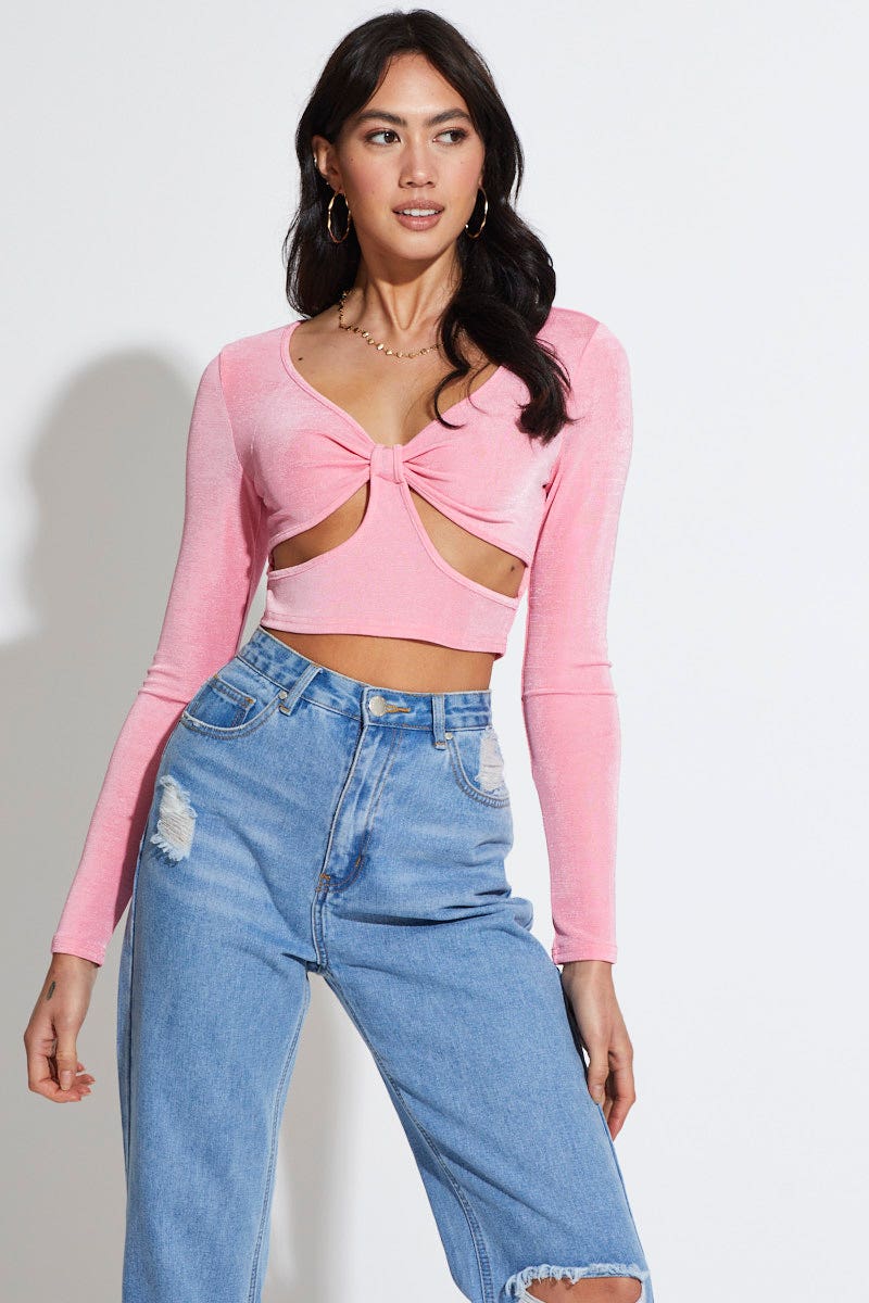 BARDOT Pink Cut Out Top Long Sleeve Crop for Women by Ally