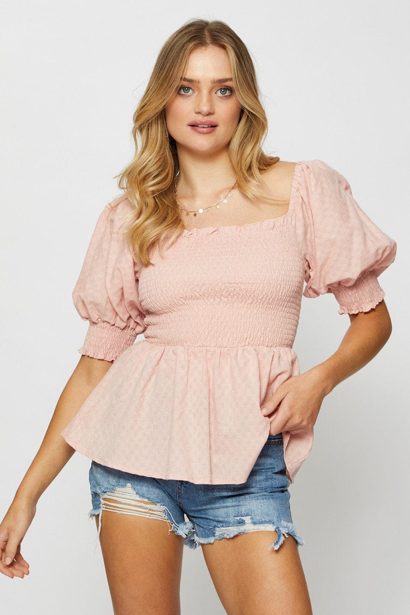 Women's Pink Peplum Top Short Sleeve Round Neck Ally Fashion