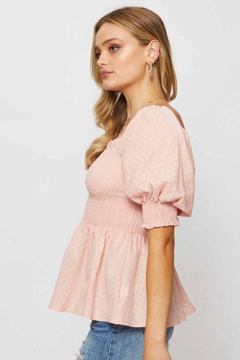 BARDOT Pink Peplum Top Short Sleeve Round Neck for Women by Ally