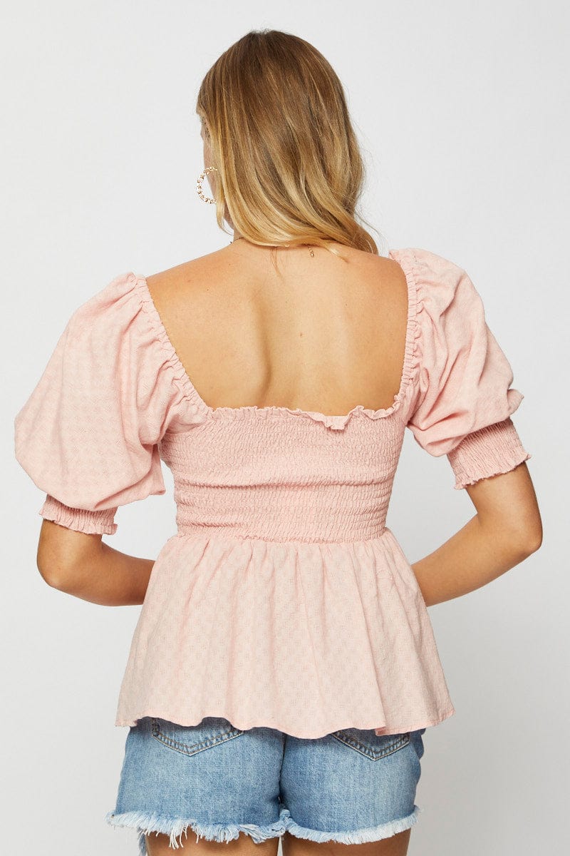 BARDOT Pink Peplum Top Short Sleeve Round Neck for Women by Ally