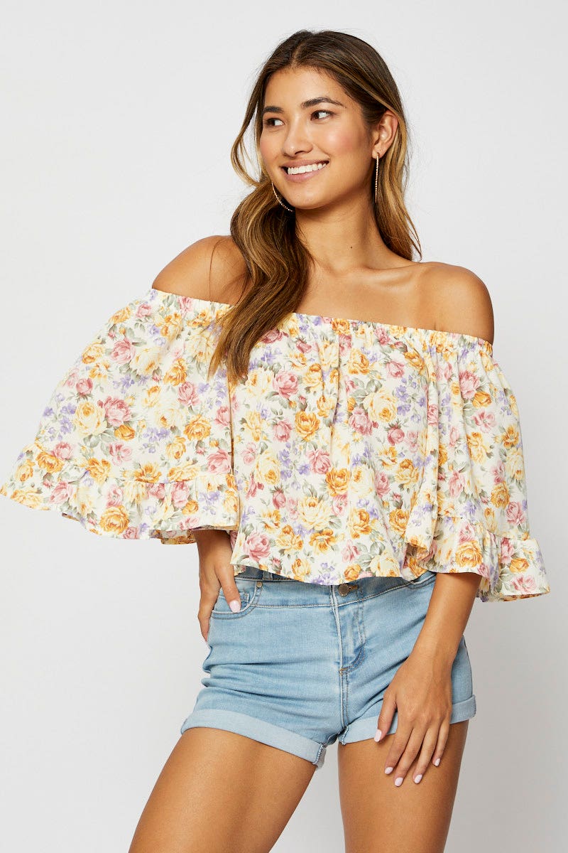 BARDOT Print Peplum Top Off Shoulder Off Shoulder for Women by Ally