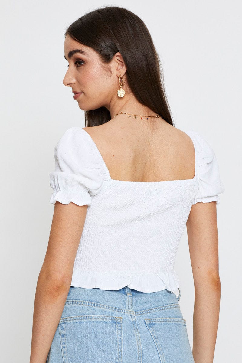 BARDOT White Crop Top Short Sleeve Square Neck Shirred Waist for Women by Ally