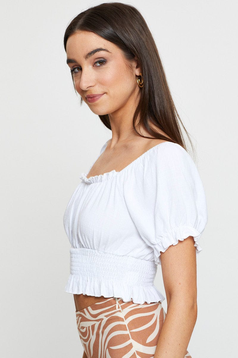BARDOT White Puff Sleeve Top Short Sleeve Crop for Women by Ally
