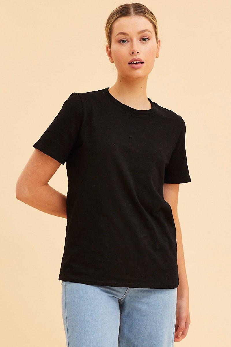 BASIC Black Cotton T-Shirt Slub Crew Neck Regular Fit for Women by Ally