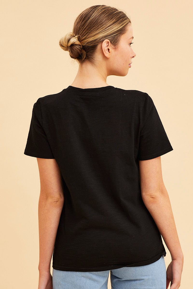 BASIC Black Cotton T-Shirt Slub Crew Neck Regular Fit for Women by Ally