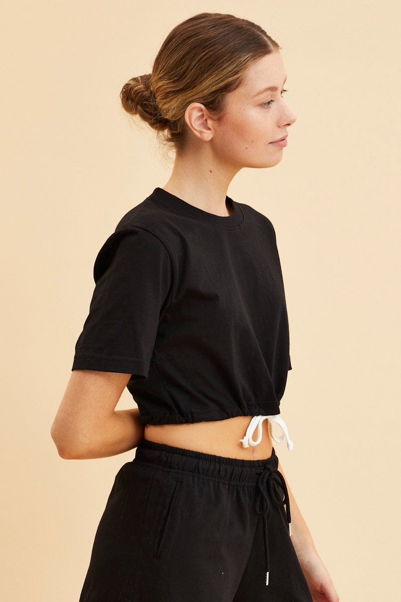 BASIC Black Cropped T-Shirt Short Sleeve Drawstring Hem for Women by Ally