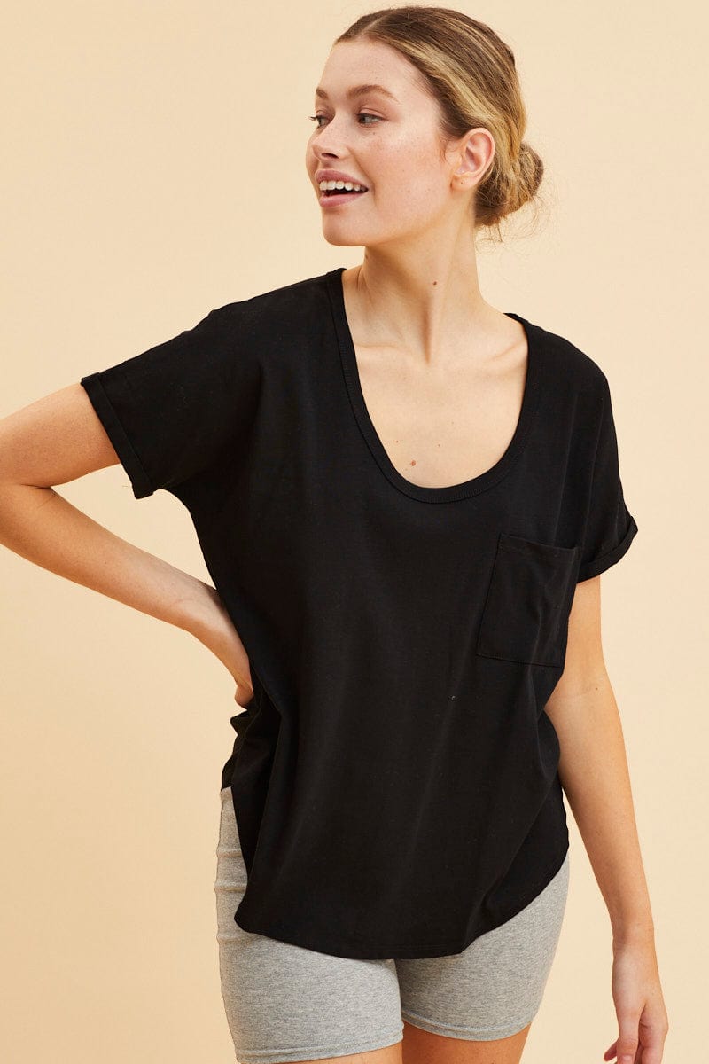 BASIC Black Pocket Tee Scoop Neck Cotton Stretch Short Sleeve for Women by Ally