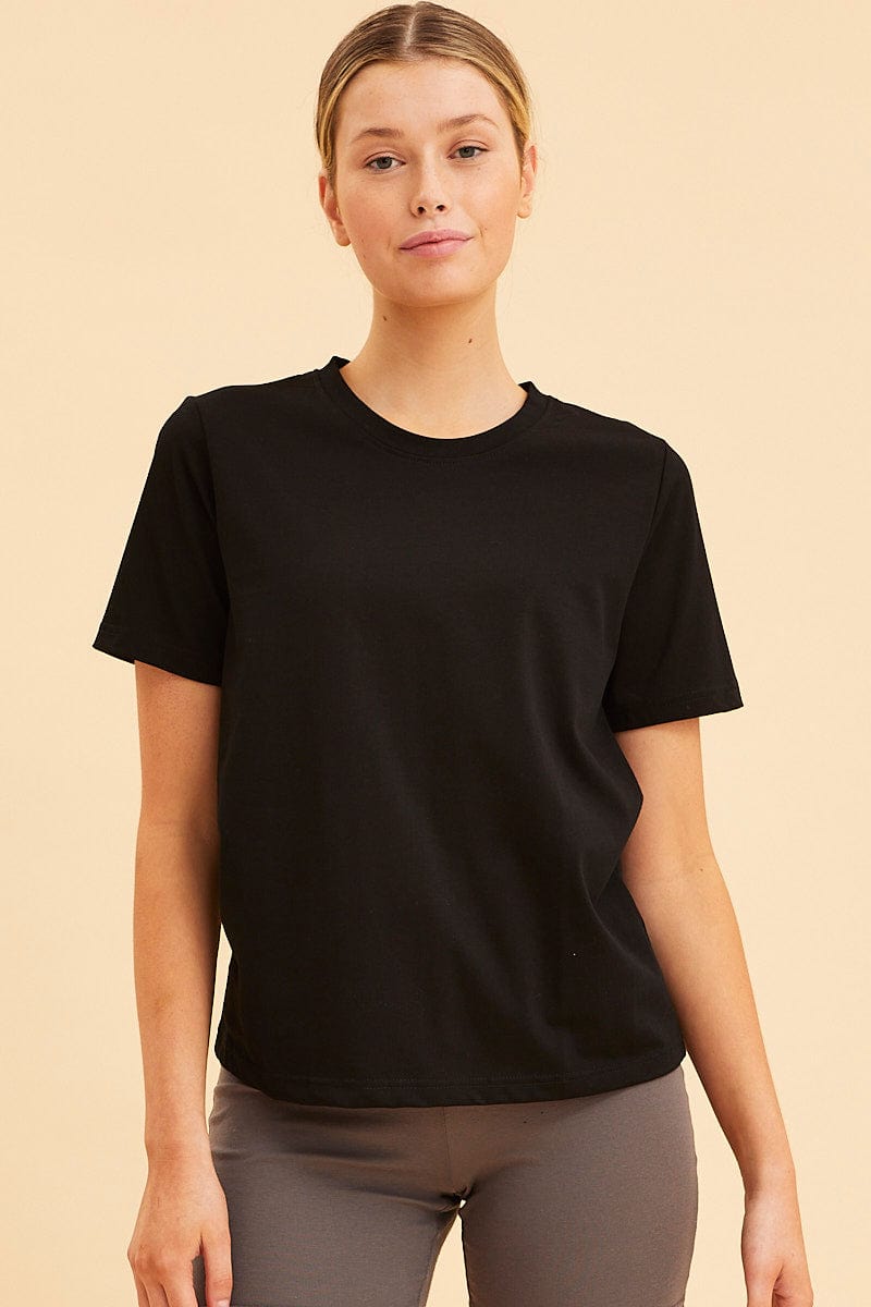 BASIC Black Relaxed T-Shirt Heavy Cotton Crew Neck for Women by Ally