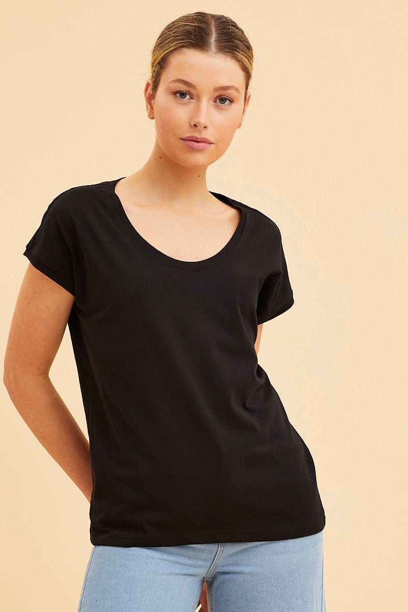 BASIC Black Relaxed T-Shirt Scoop Neck Drop Shoulder for Women by Ally