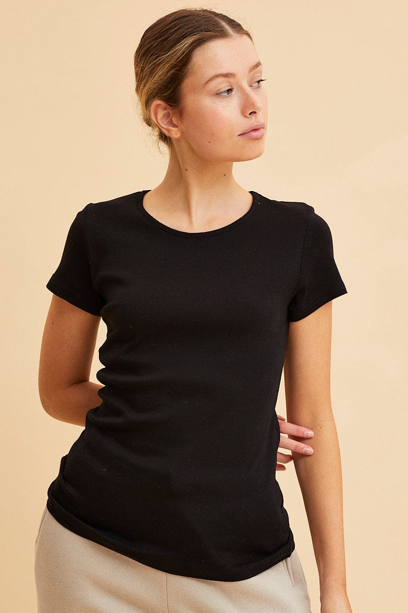 BASIC Black Rib T-Shirt Crew Neck Short Sleeve for Women by Ally