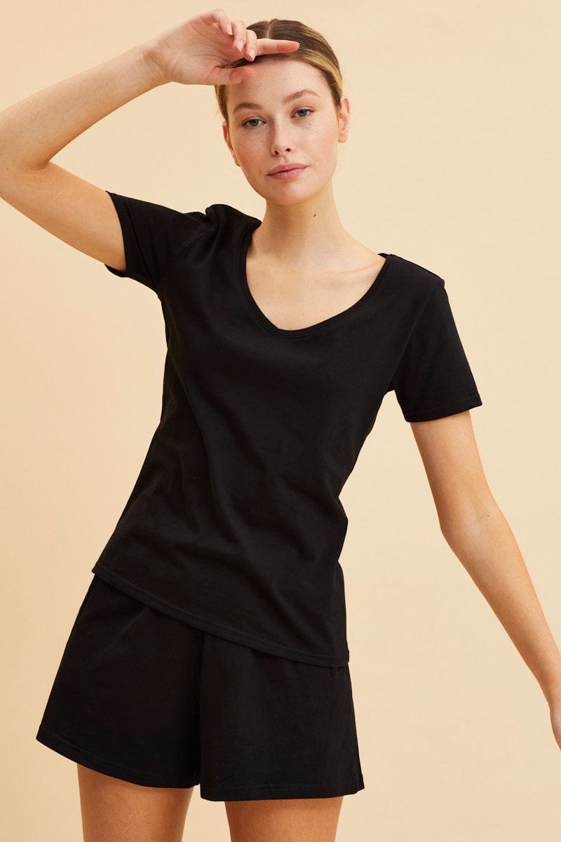 BASIC Black V Neck T-Shirt Cotton Regular Fit Cotton for Women by Ally