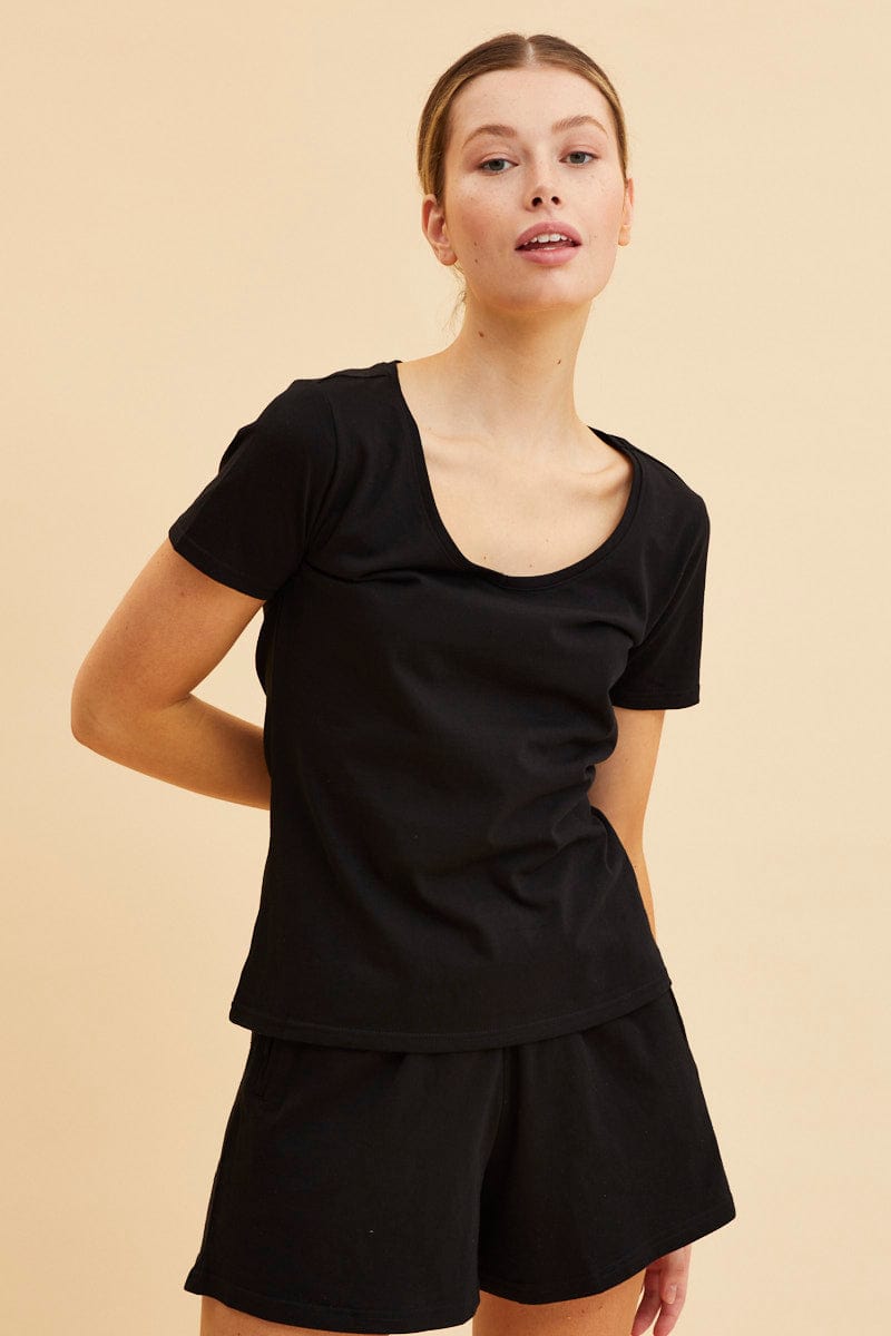 BASIC Black V Neck T-Shirt Cotton Regular Fit Cotton for Women by Ally