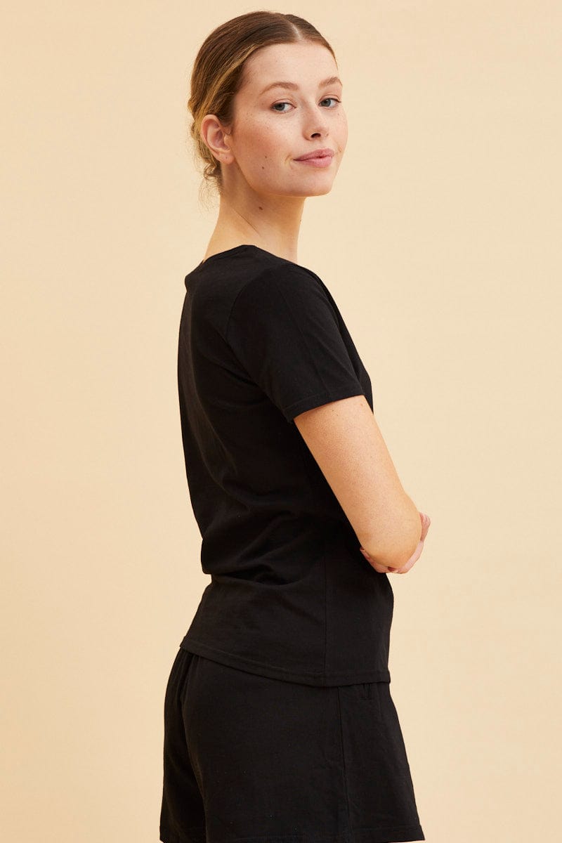 BASIC Black V Neck T-Shirt Cotton Regular Fit Cotton for Women by Ally