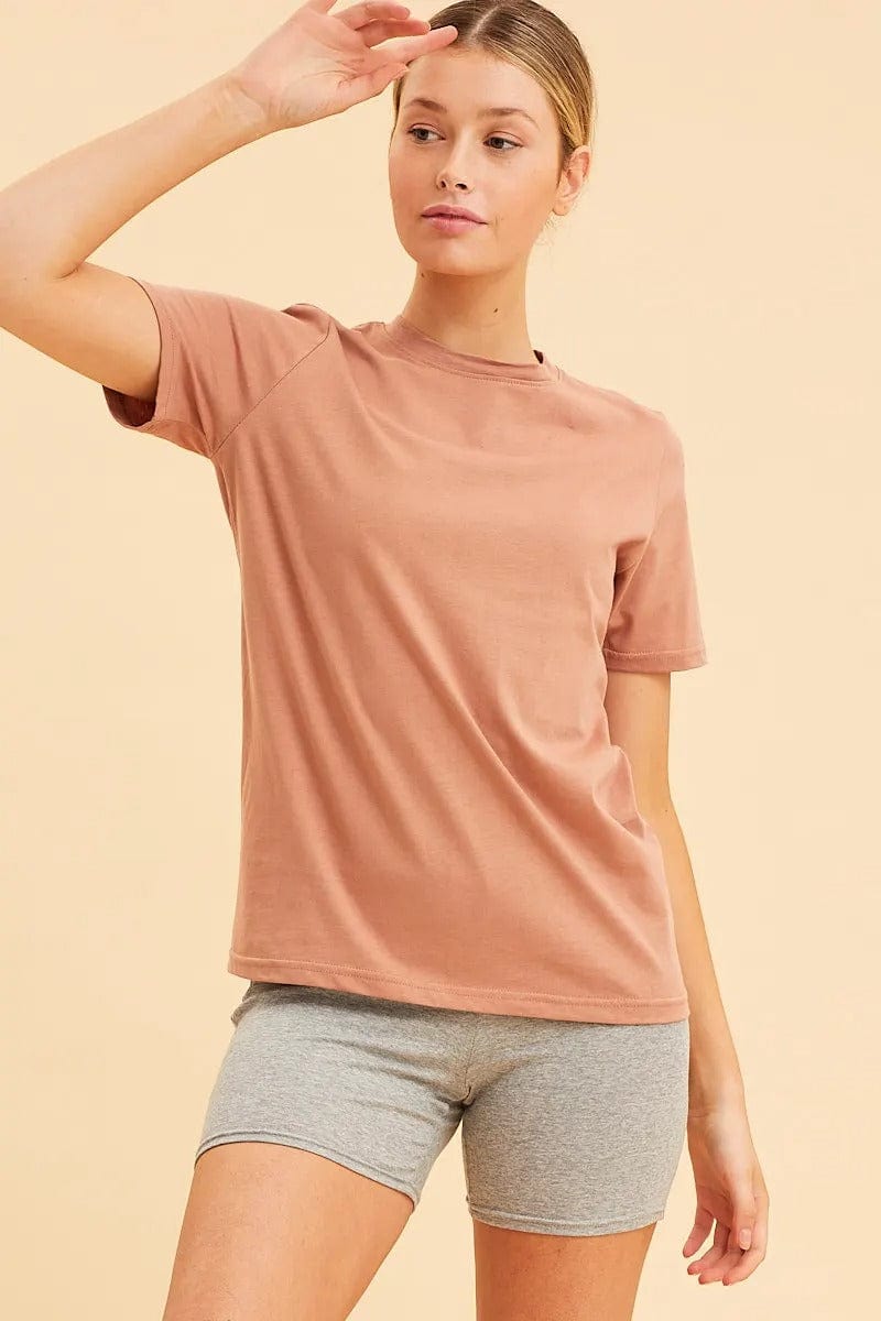 BASIC Camel Cotton T-Shirt Crew Neck Regular Fit Cotton for Women by Ally