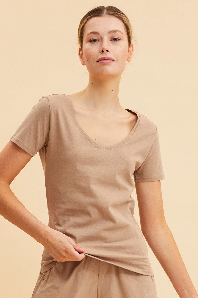 BASIC Camel V Neck T-Shirt Cotton Regular Fit Cotton for Women by Ally