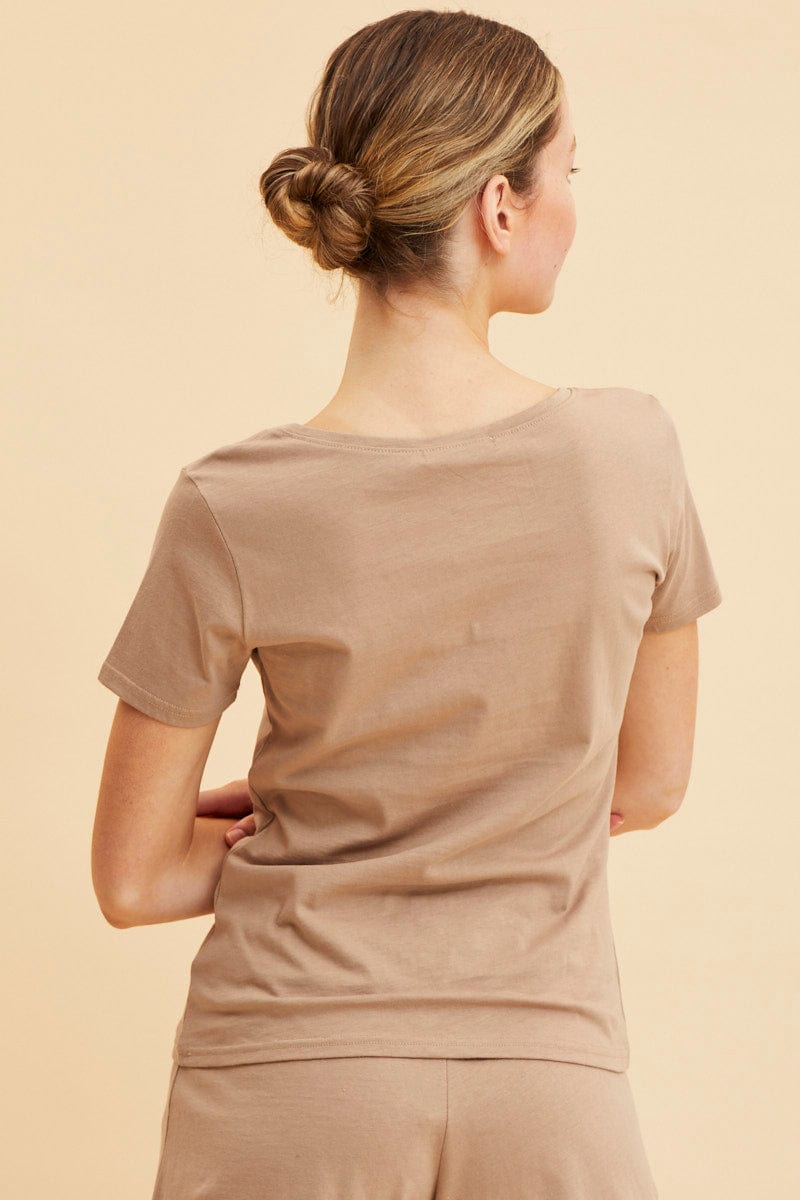 BASIC Camel V Neck T-Shirt Cotton Regular Fit Cotton for Women by Ally