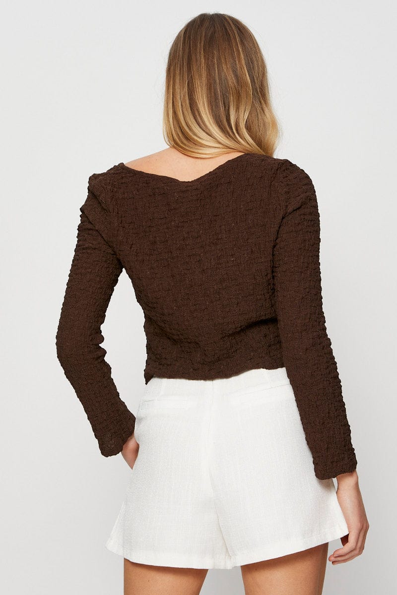 BASIC CARDIGAN Brown Crop Cardigan Long Sleeve Tie Front for Women by Ally