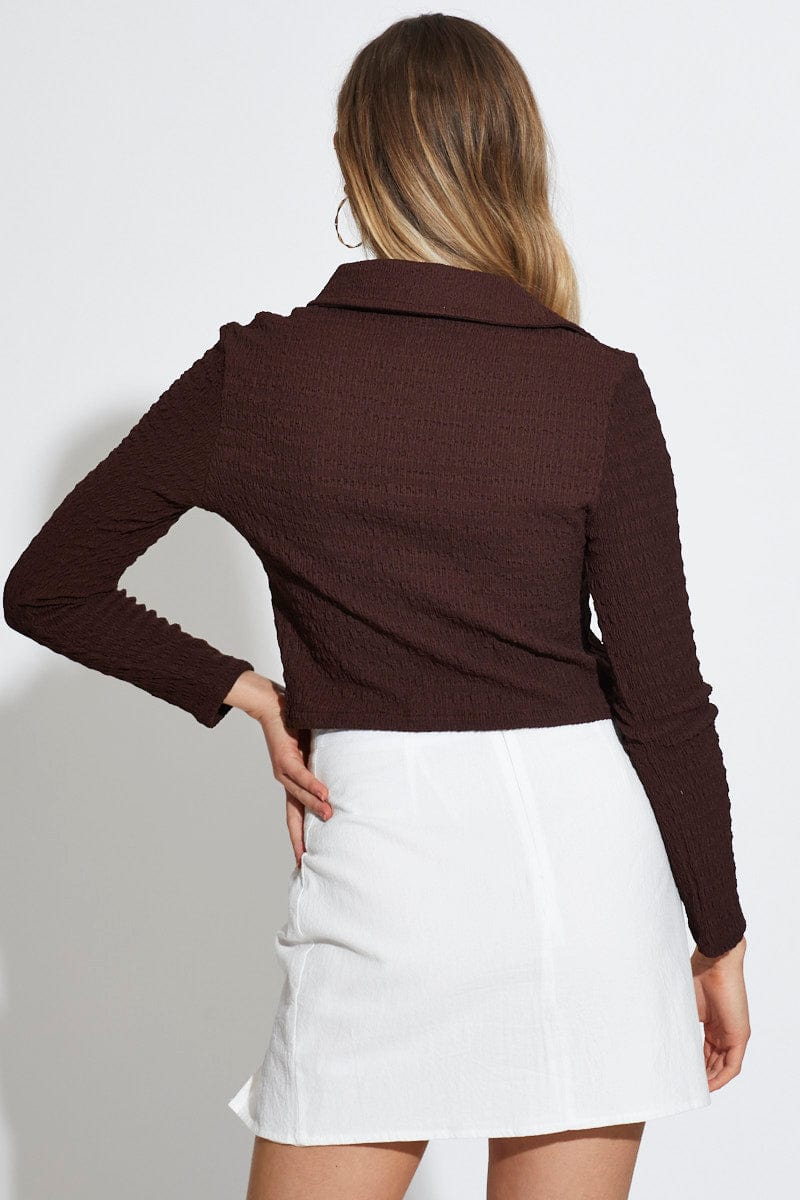 BASIC CARDIGAN Brown Crop Top Long Sleeve for Women by Ally