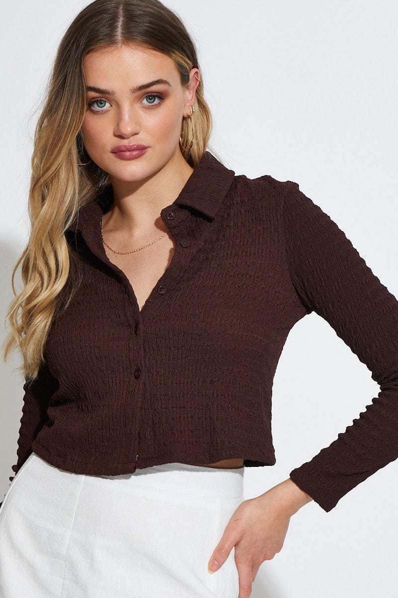 Women's Brown Crop Top Long Sleeve Ally Fashion