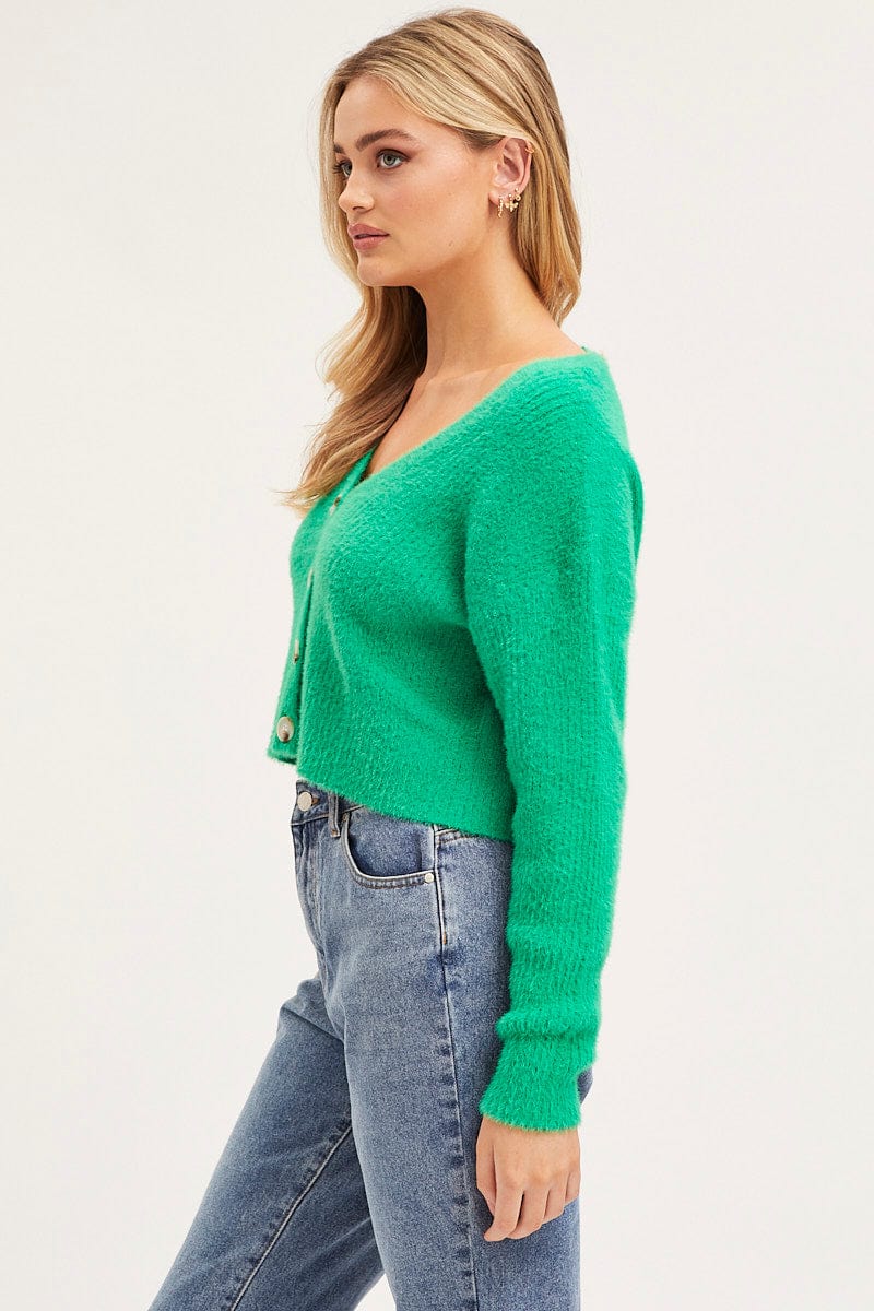 BASIC CARDIGAN Green Knit Cardigan Long Sleeve Crop V-Neck for Women by Ally