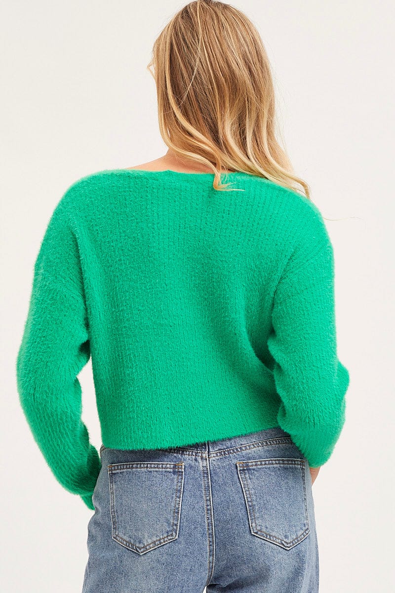 BASIC CARDIGAN Green Knit Cardigan Long Sleeve Crop V-Neck for Women by Ally