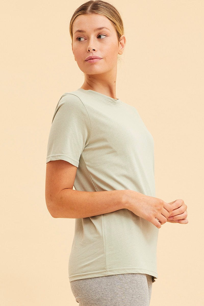 BASIC Green Cotton T-Shirt Crew Neck Regular Fit Cotton for Women by Ally