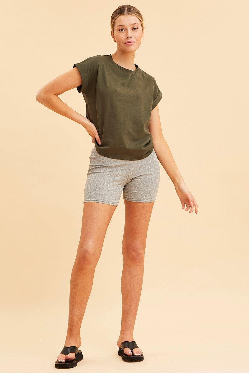 BASIC Green Cropped T-Shirt Crew Neck Roll Sleeve Cotton for Women by Ally
