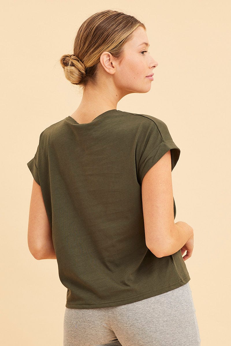 BASIC Green Cropped T-Shirt Crew Neck Roll Sleeve Cotton for Women by Ally