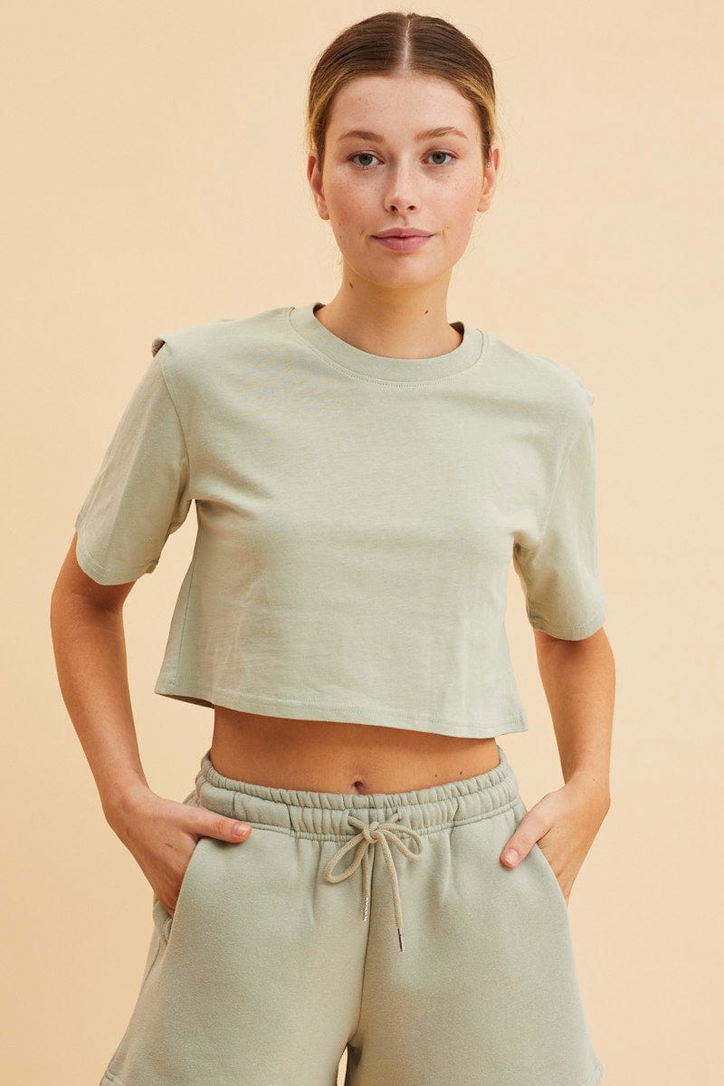 BASIC Green Cropped T-Shirt Crew Neck Short Sleeve Cotton for Women by Ally