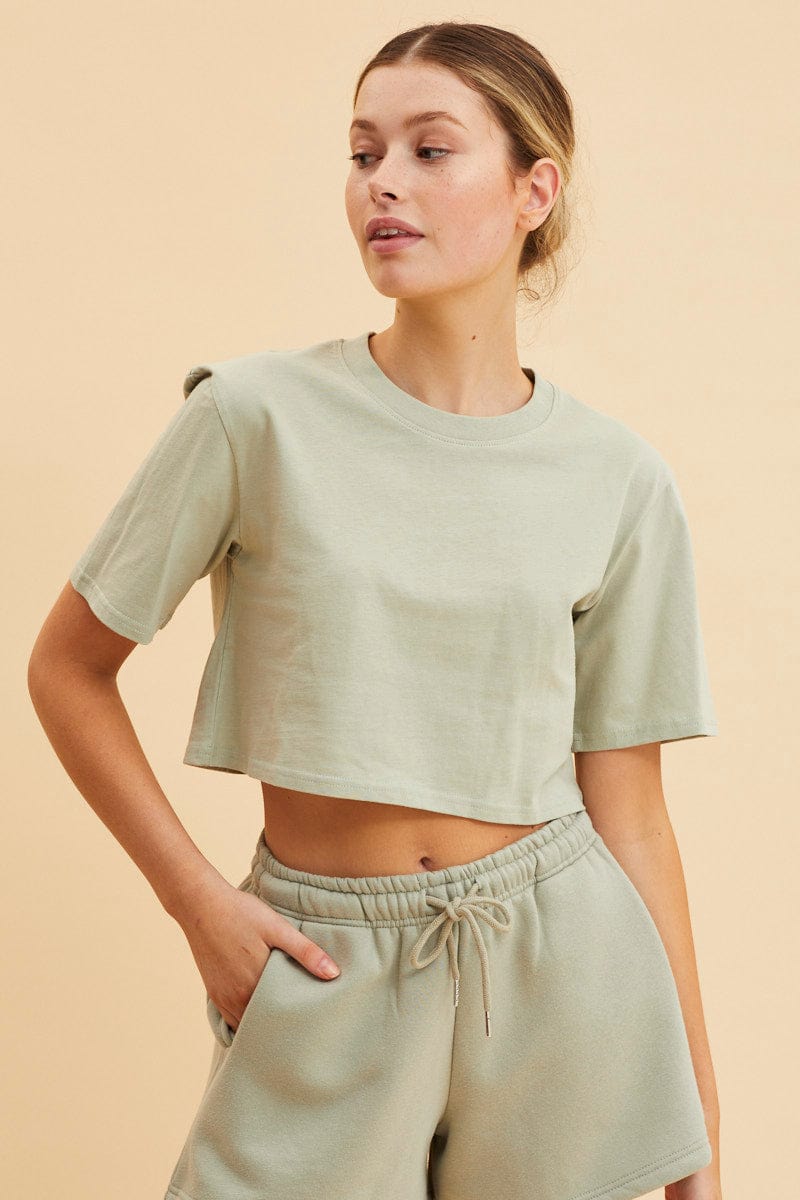 BASIC Green Cropped T-Shirt Crew Neck Short Sleeve Cotton for Women by Ally